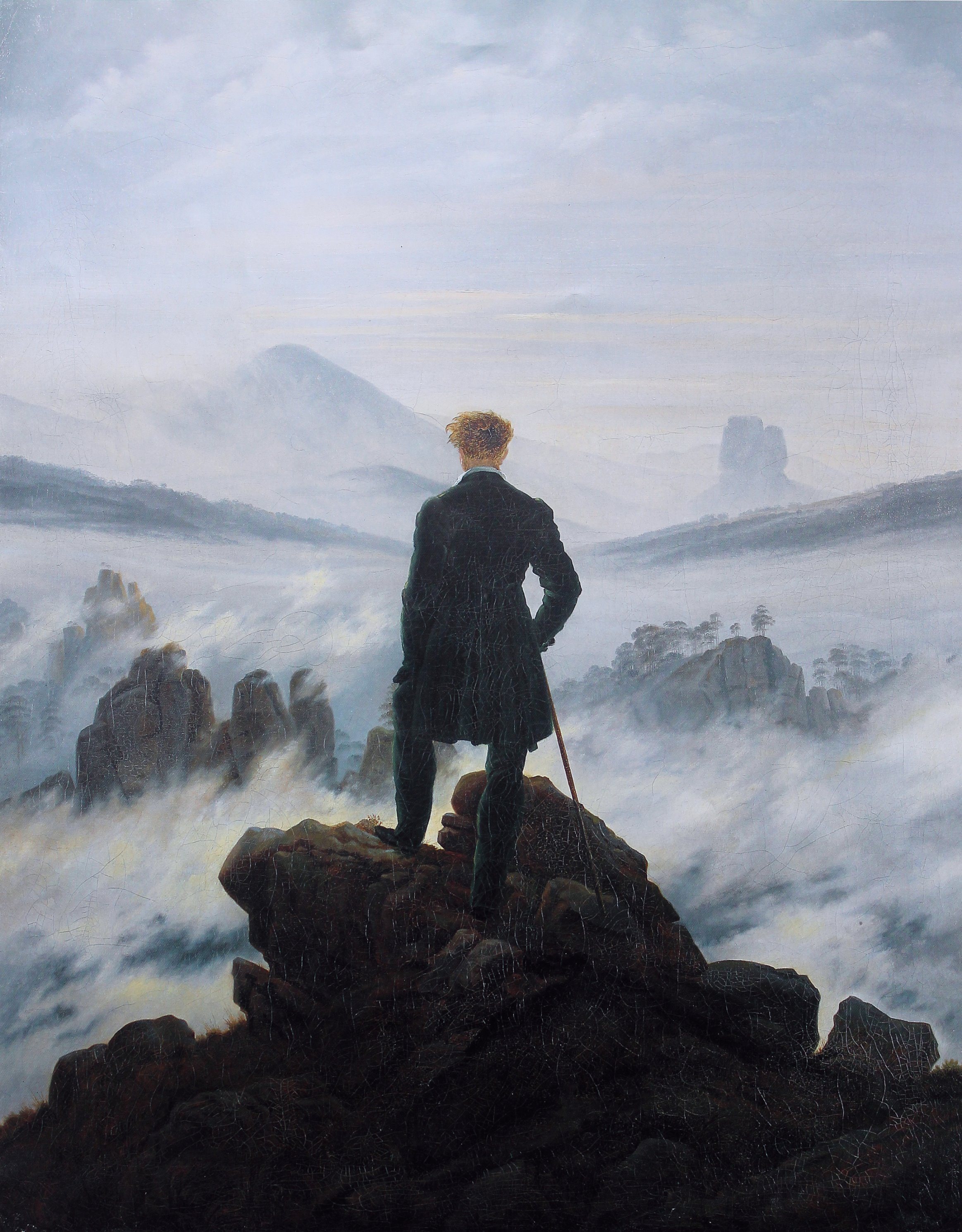 Originalgemälde Wanderer über dem Nebelmeer von Caspar David Friedrich: Rückenfigur auf dunklem Felsen vor einer Nebellandschaft.