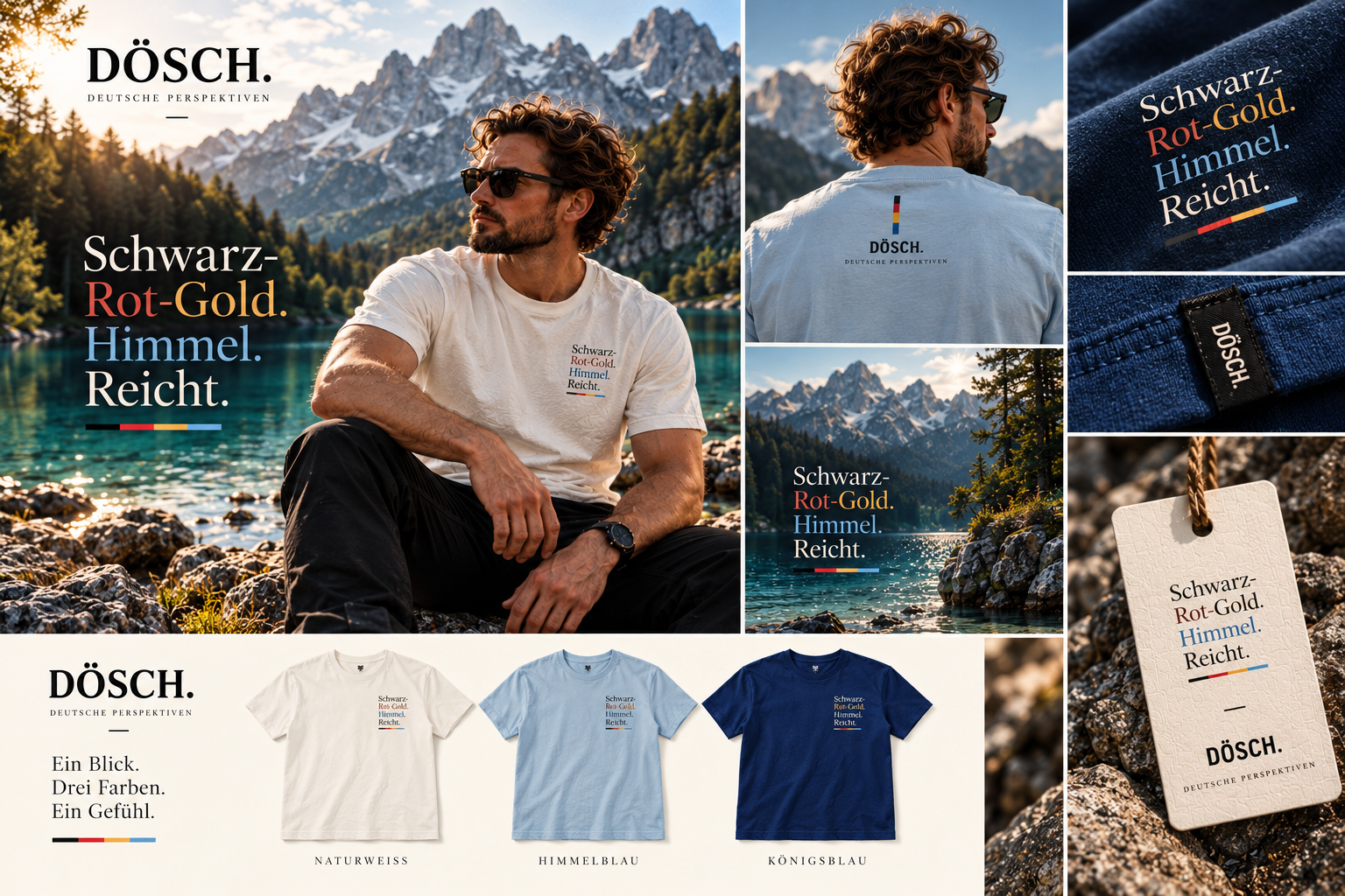 Editorial-Lookbook der Alpen-Kampagne: Bergsee, Modell, Stoffdetails, Label und Hangtag