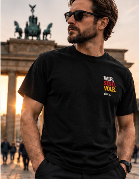Lookbook-Konzept: schwarzes Shirt mit kleinem weiß-rotem-goldenem Brustdruck vor Berliner Architektur.