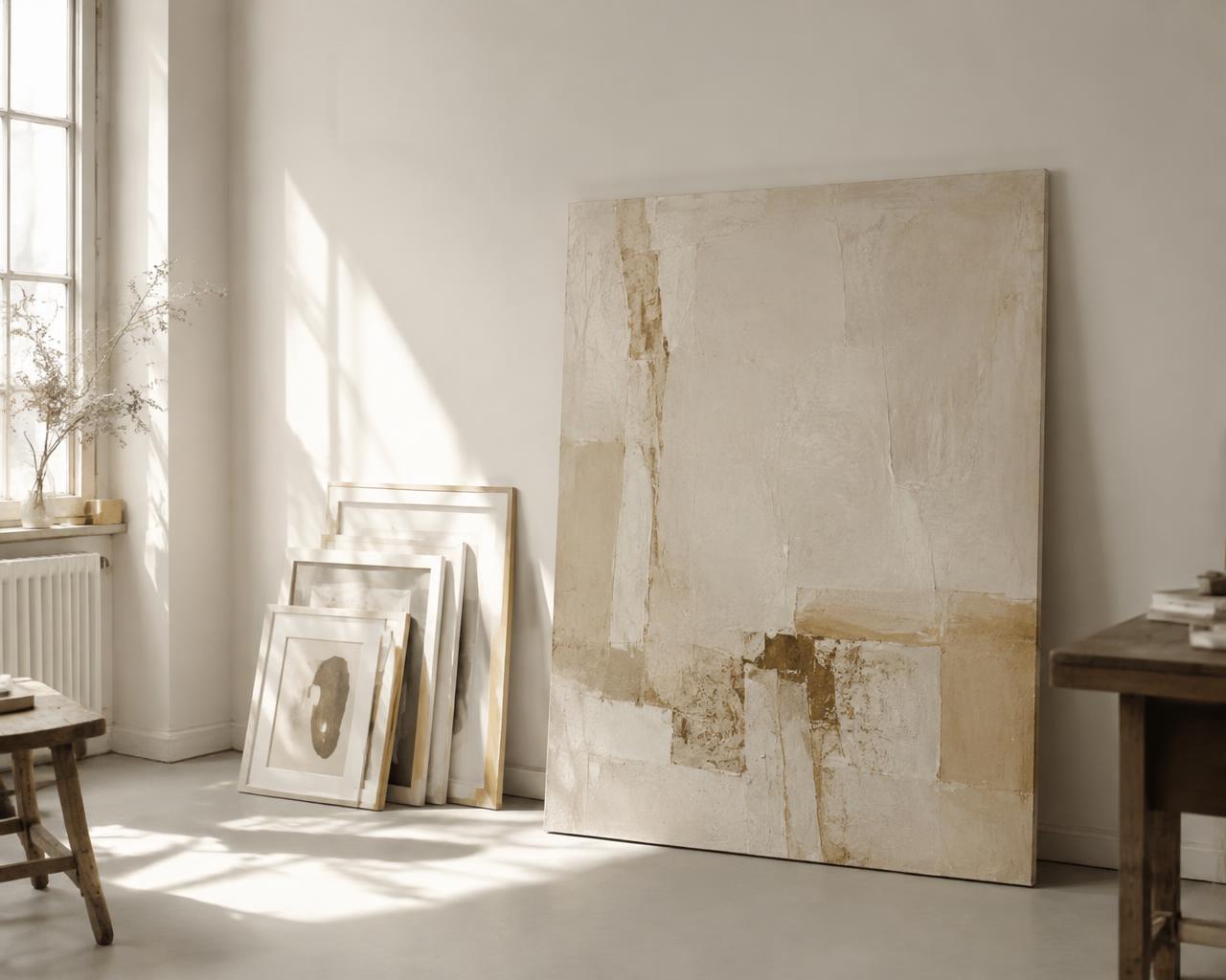Atelier mit großformatiger Leinwand und gerahmten Drucken