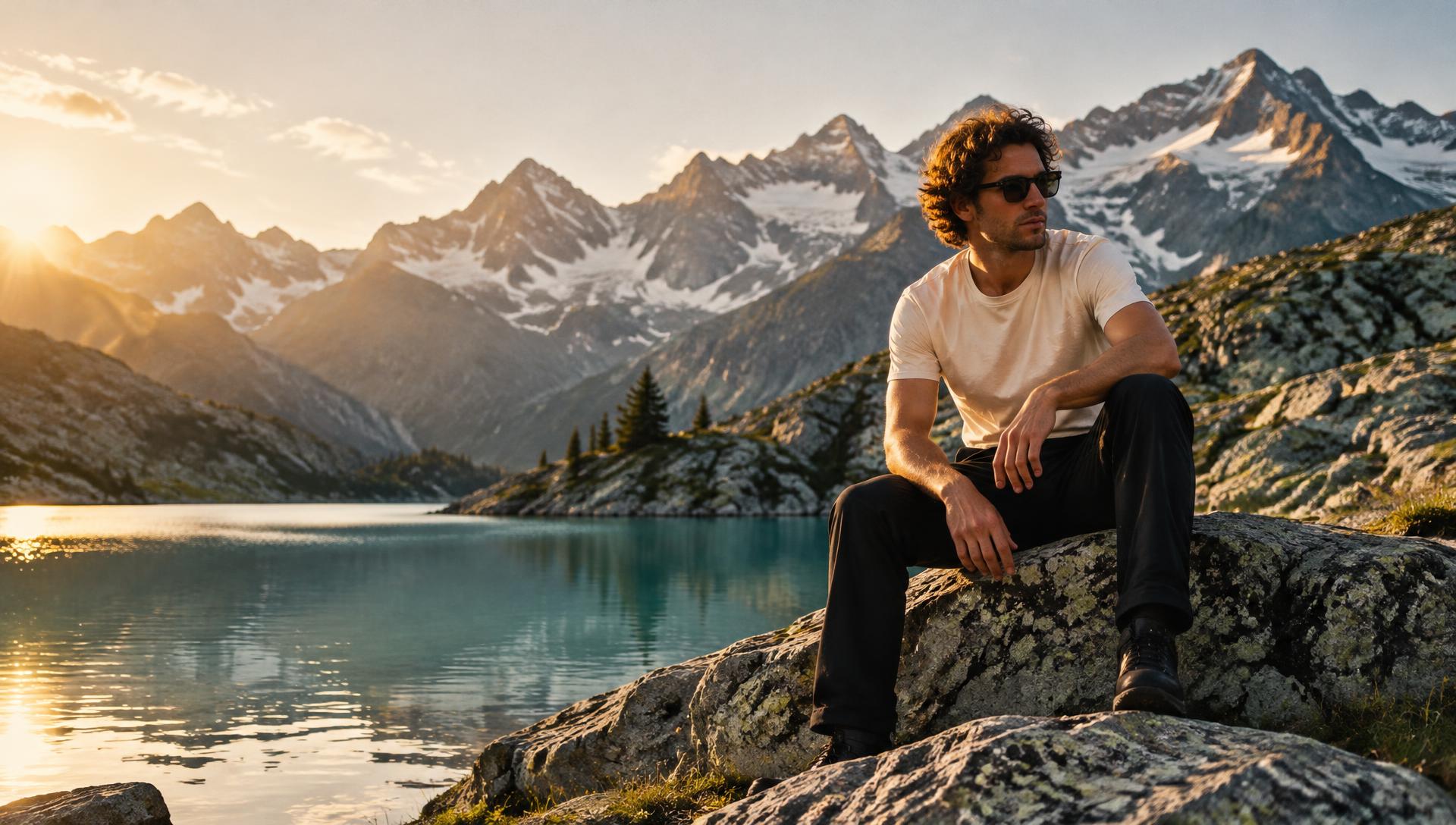 Mann im naturweißen T-Shirt an einem Bergsee in den Alpen